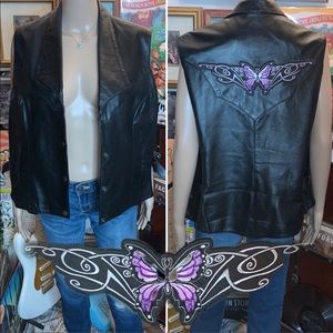 Womens 2XL retro vintage butterfly genuine leather motorcycle sleeveless vest